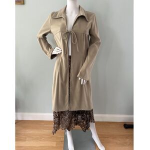 Vintage 2000s Tan Tie Front Duster Coat Longline Jacket Boho Style Size Medium